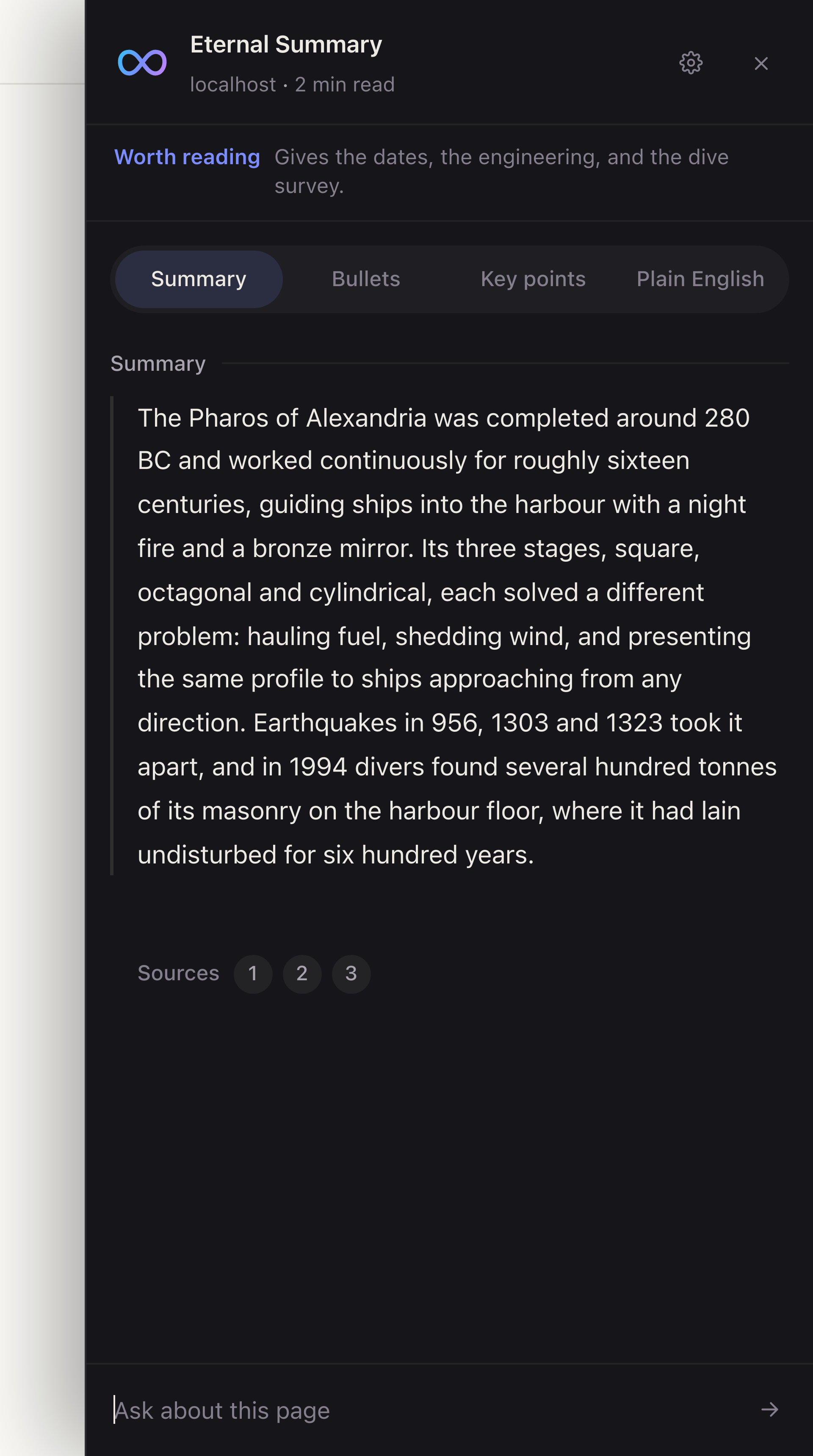 The Eternal Summary panel open beside an article, showing a summary, a worth reading verdict, and numbered sources