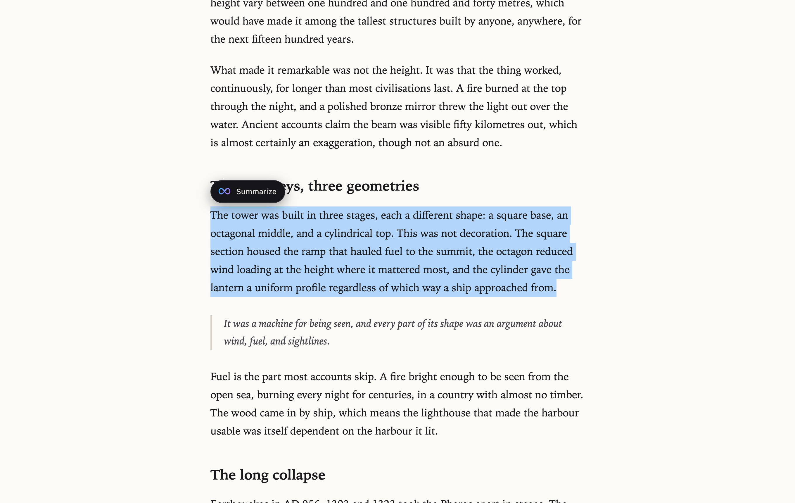 A paragraph selected on the page with a Summarize button beside it